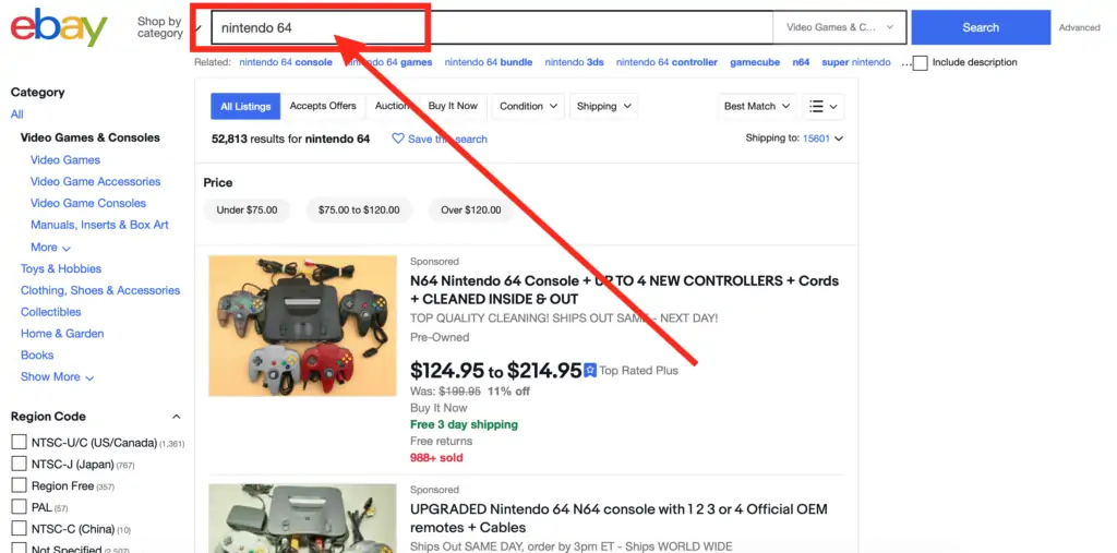 The eBay sold-items filter on a search results page