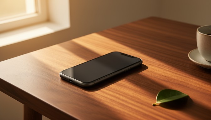 A smartphone lying on a wooden table