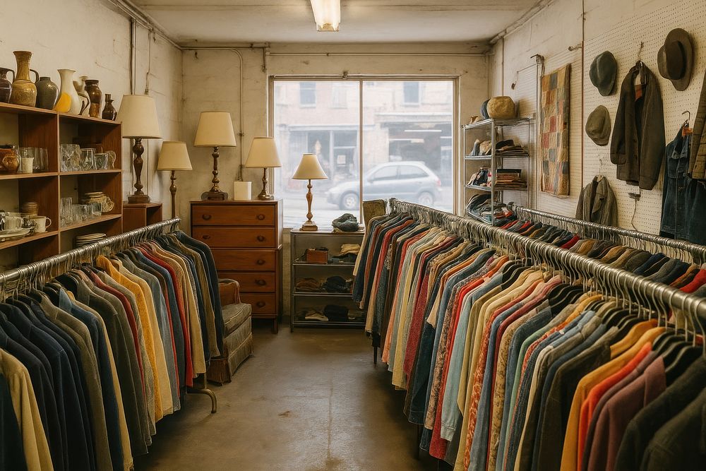 A crowded rack of secondhand clothing on hangers